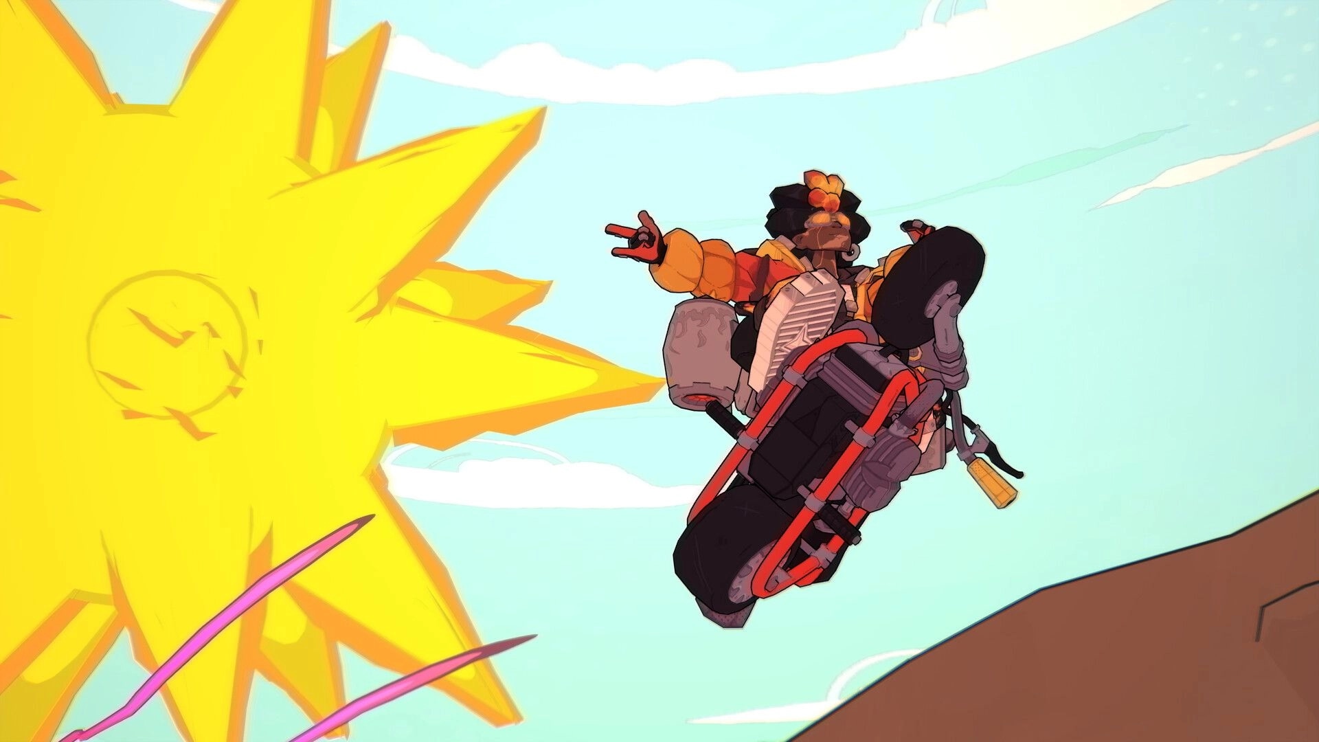 808cc: Rider launches a motorcycle midair beside a huge yellow explosion against a bright sky backdrop.