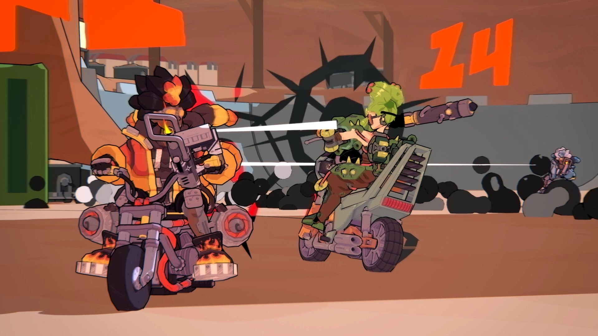 808cc: Two riders trade gunfire on futuristic bikes in a graffiti-lined arena, round timer at 14.