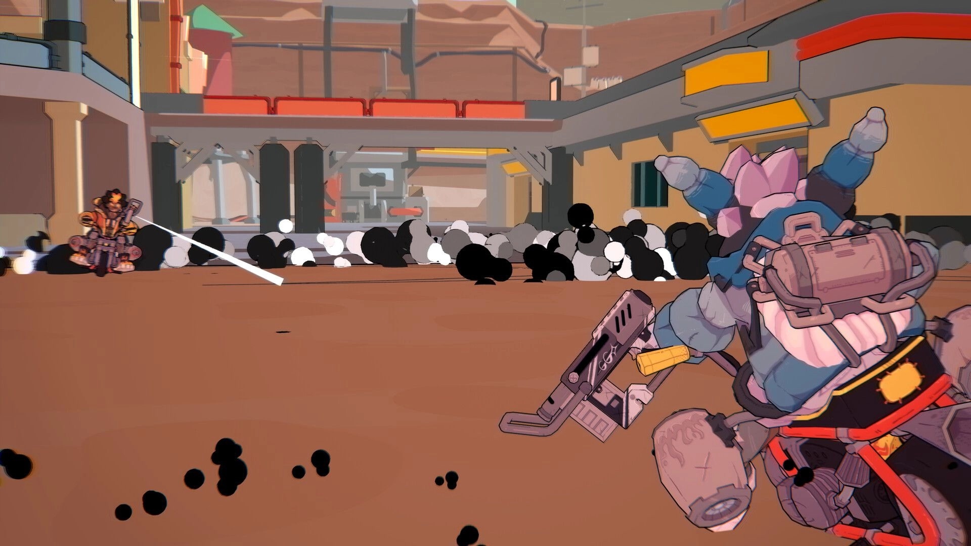 808cc: Third-person shooter aiming at an enemy behind cover in a dusty industrial arena map.