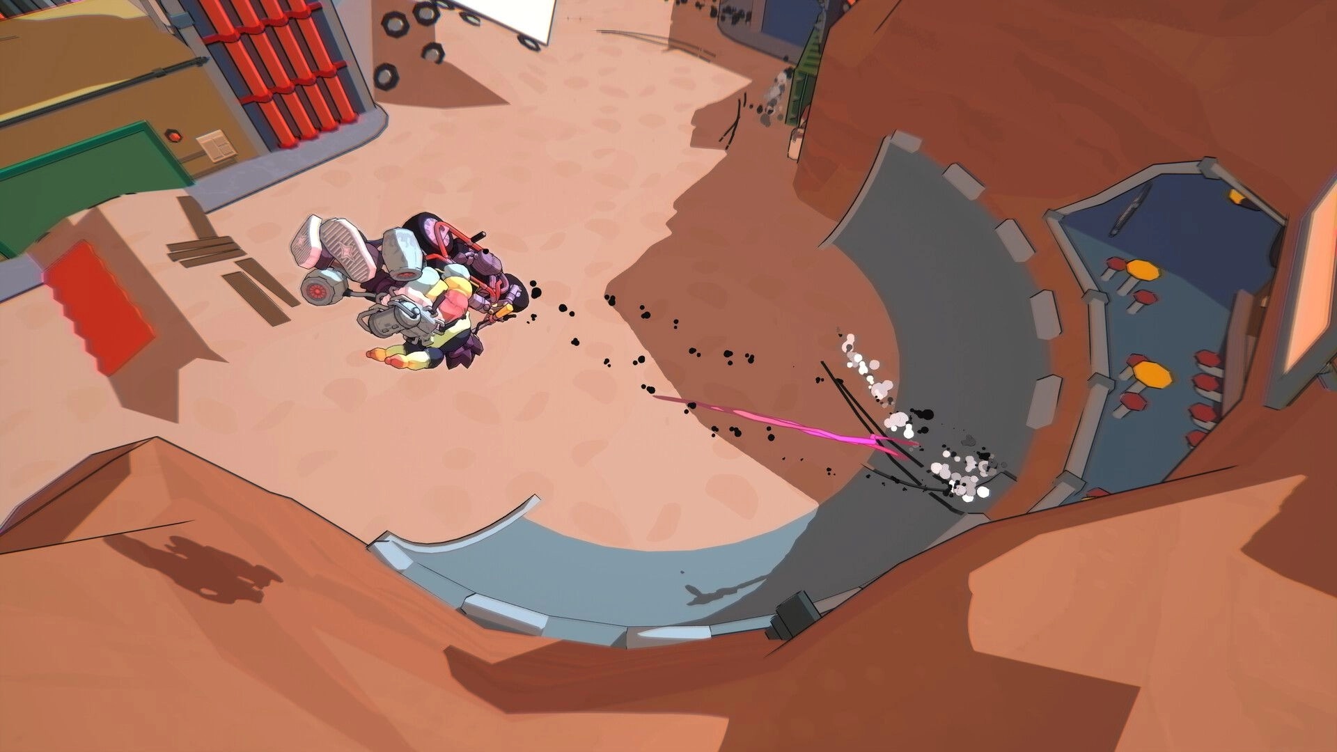 808cc: Overhead view of a biker crashing and skidding in a concrete bowl arena, pink trail behind.