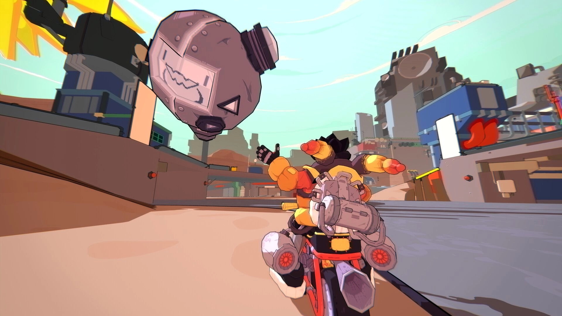 808cc: Armored rider drifts a red motorcycle past industrial buildings and a floating robot head.