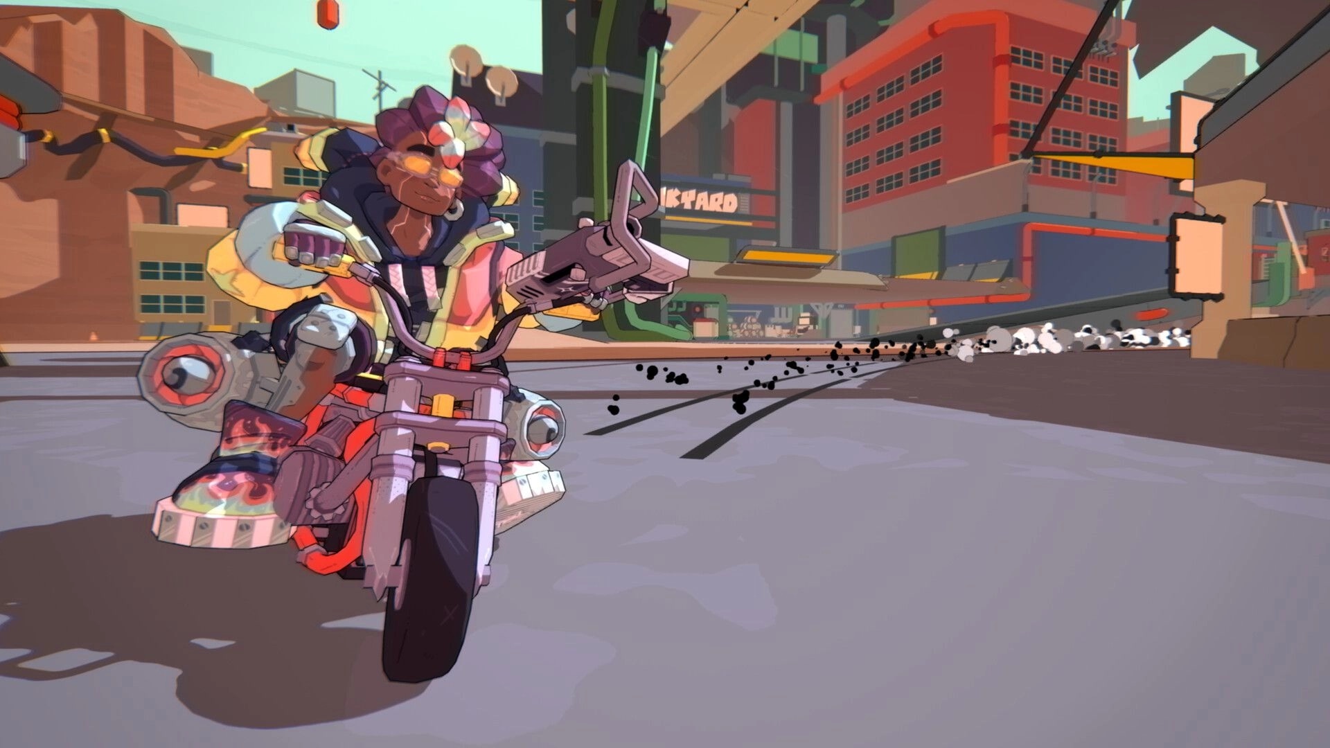 808cc: Rider drifts a futuristic bike, leaving smoke trails on a wide street in neon city blocks.