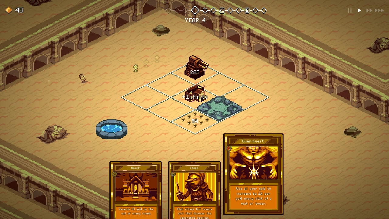 9 Kings: Desert arena with grid layout, tower defense, three active cards, and resource indicators.