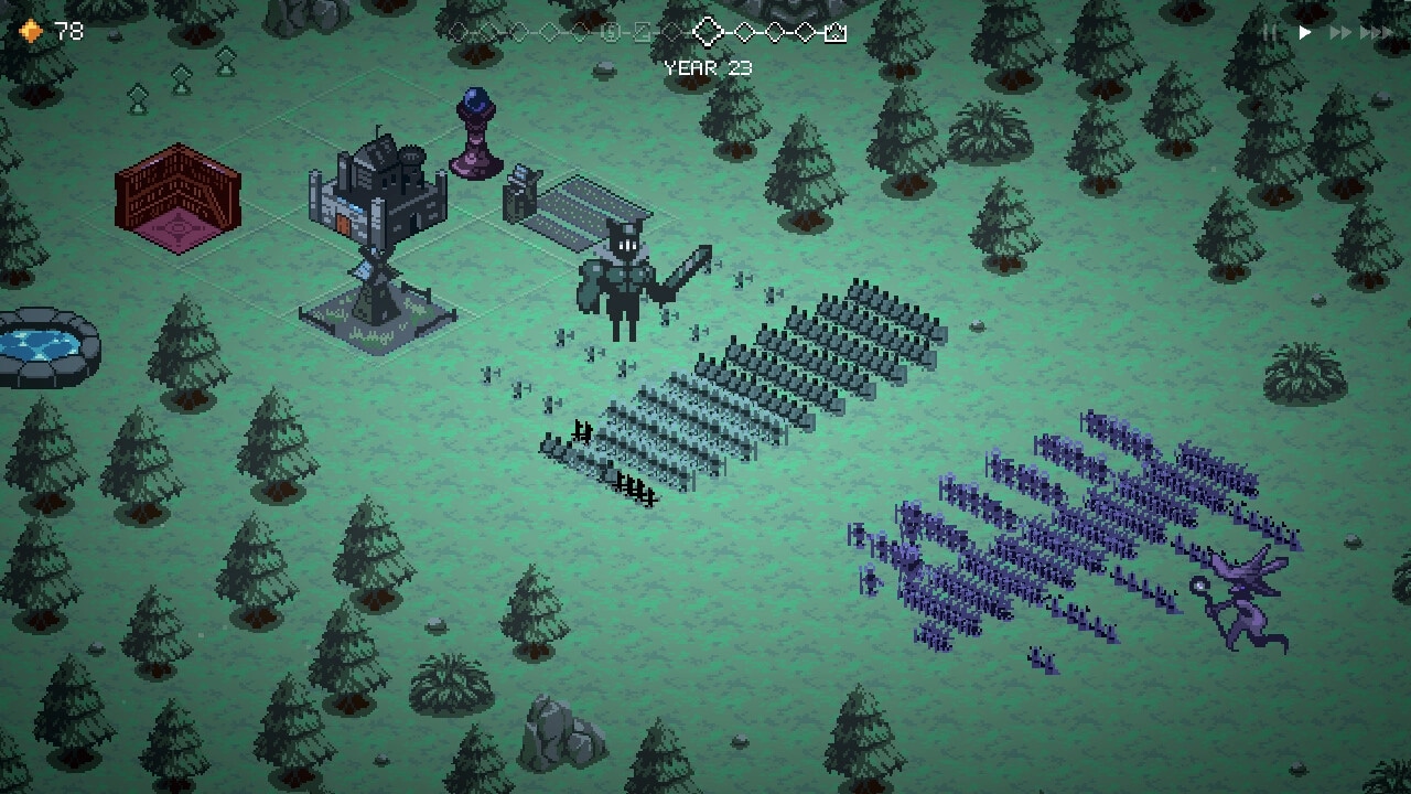 9 Kings: Overhead view of battlefield with armies facing off near a castle and dense forest backdrop.