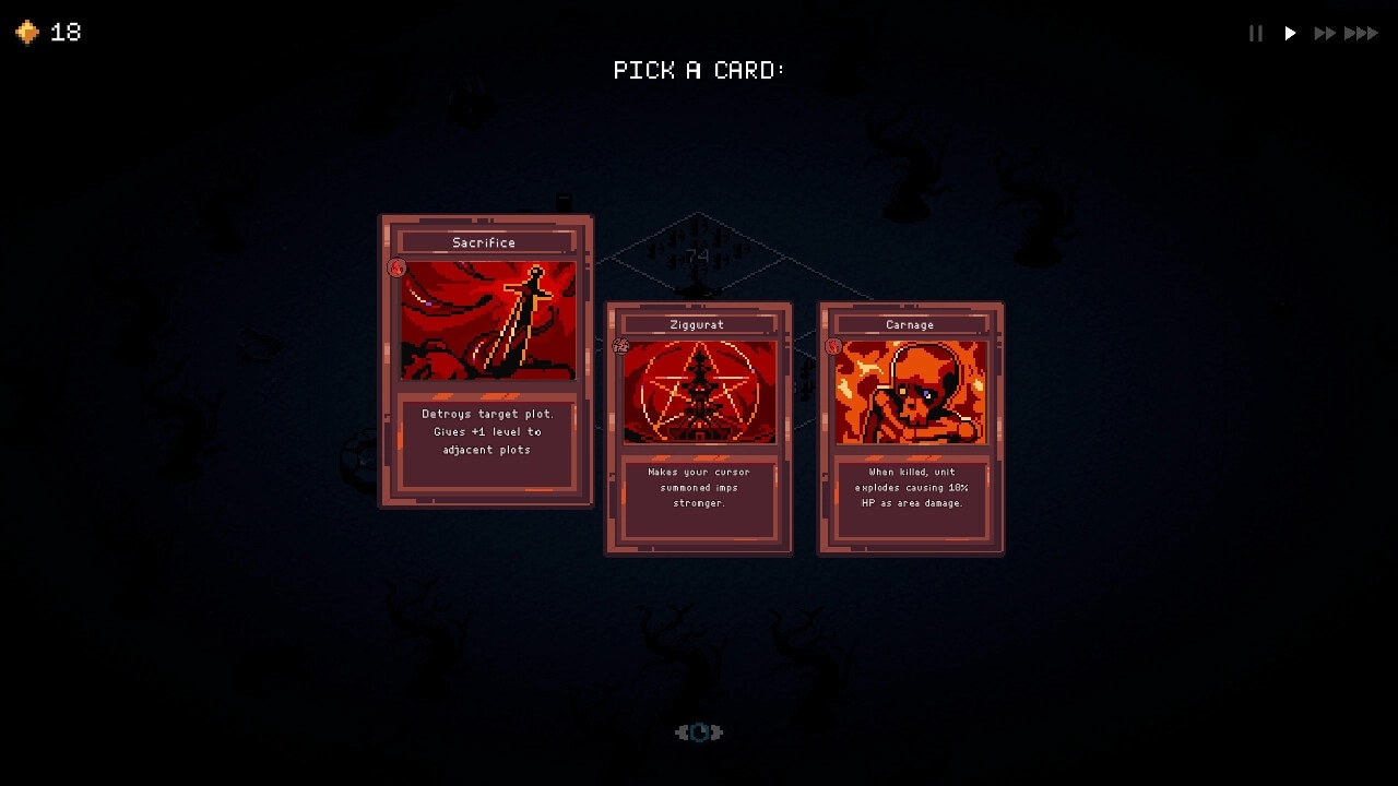 9 Kings: Card selection screen showing Sacrifice, Ziggurat, and Carnage options in dimly lit setting.