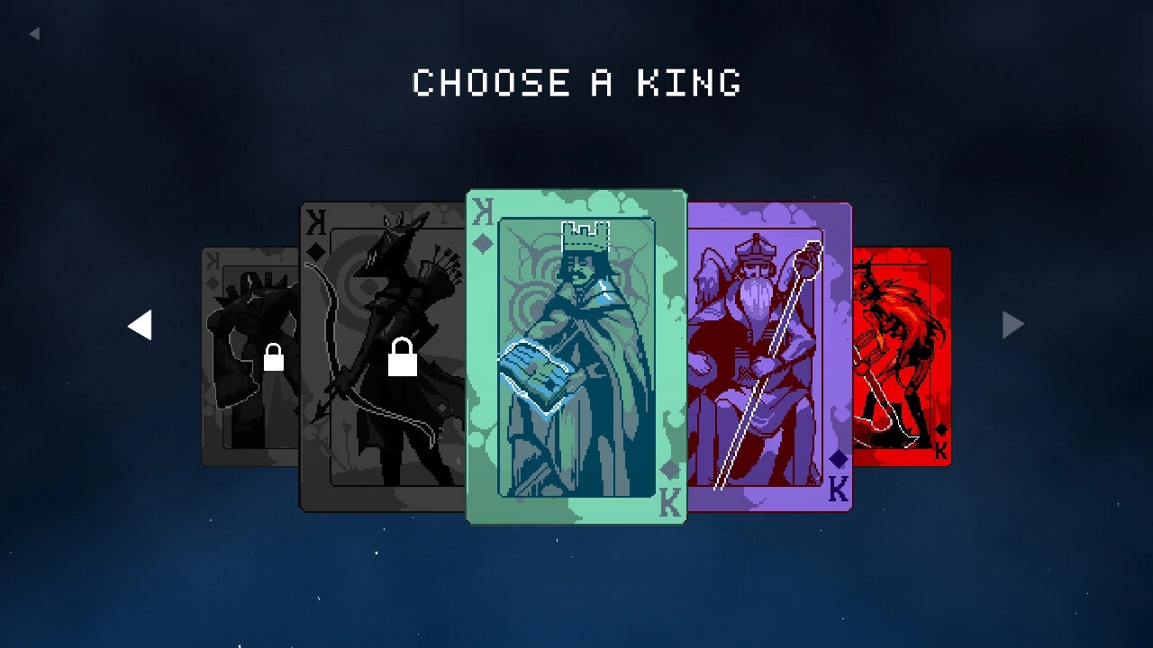 9 Kings: Card selection screen with five king cards displayed, two locked, against a dark starry background.