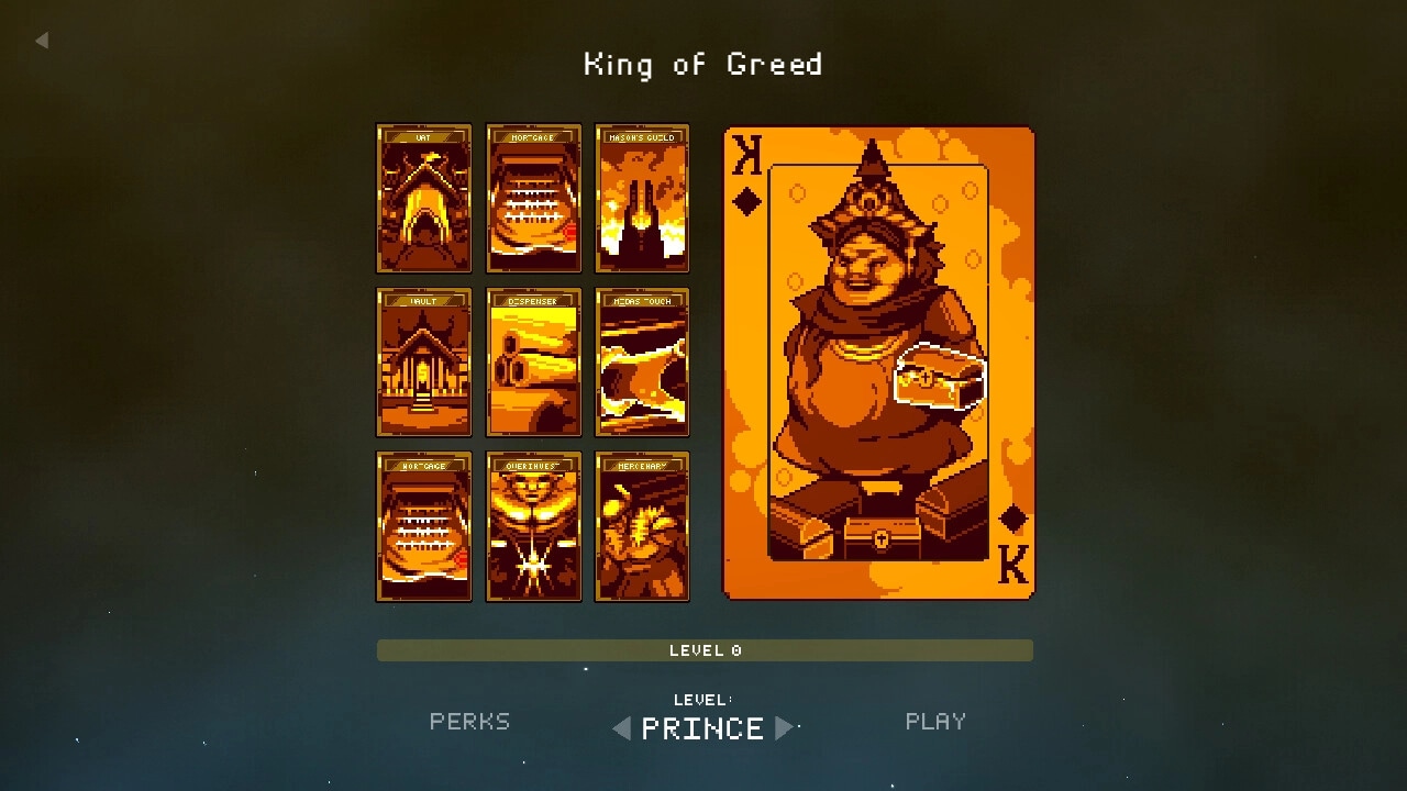 9 Kings: King of Greed card displayed with eight unique cards and level selection at the bottom