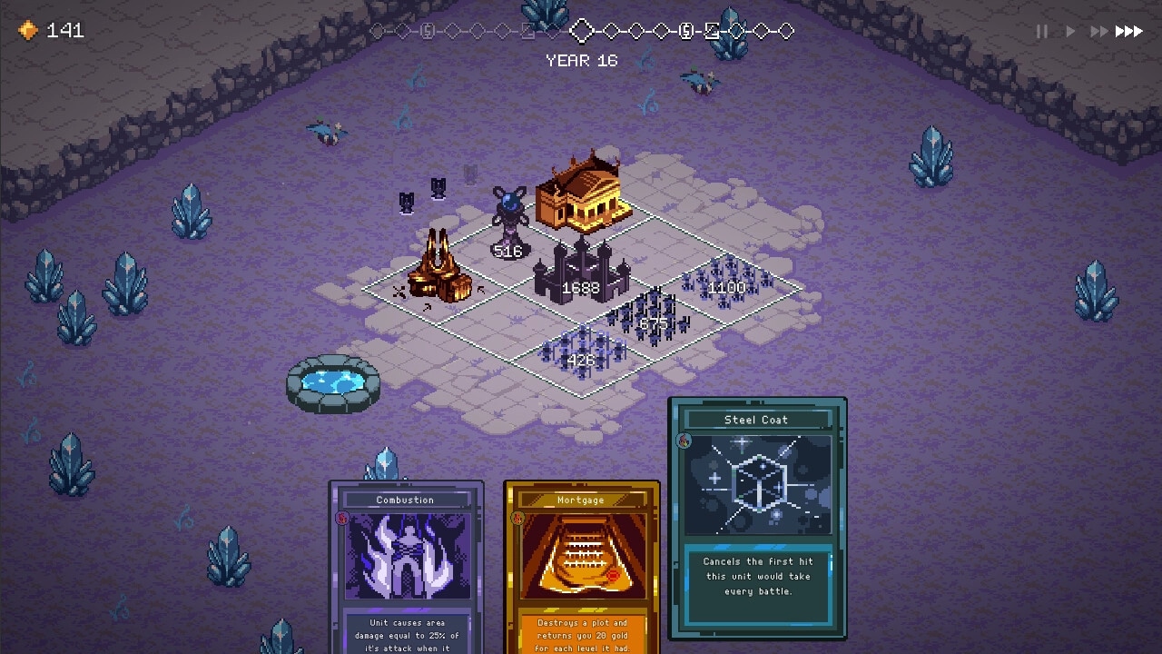 9 Kings: Strategic building placement in crystal terrain with card selection interface visible