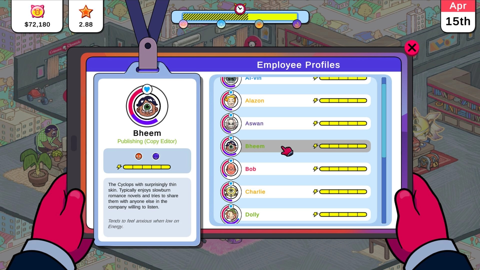 A Baby CEO?!: Employee profile screen showing Bheem's stats and energy levels in a busy office setting