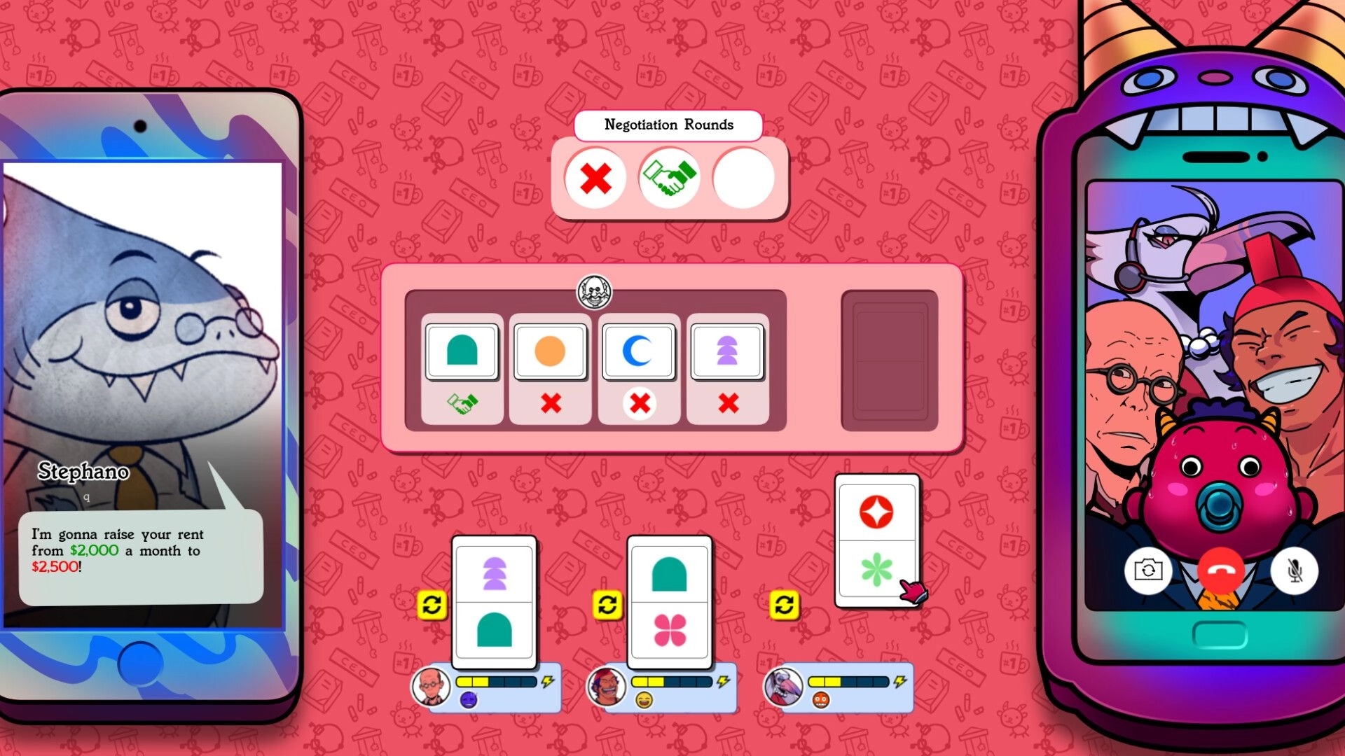 A Baby CEO?!: Negotiation interface with character cards and decision buttons on a playful pink backdrop