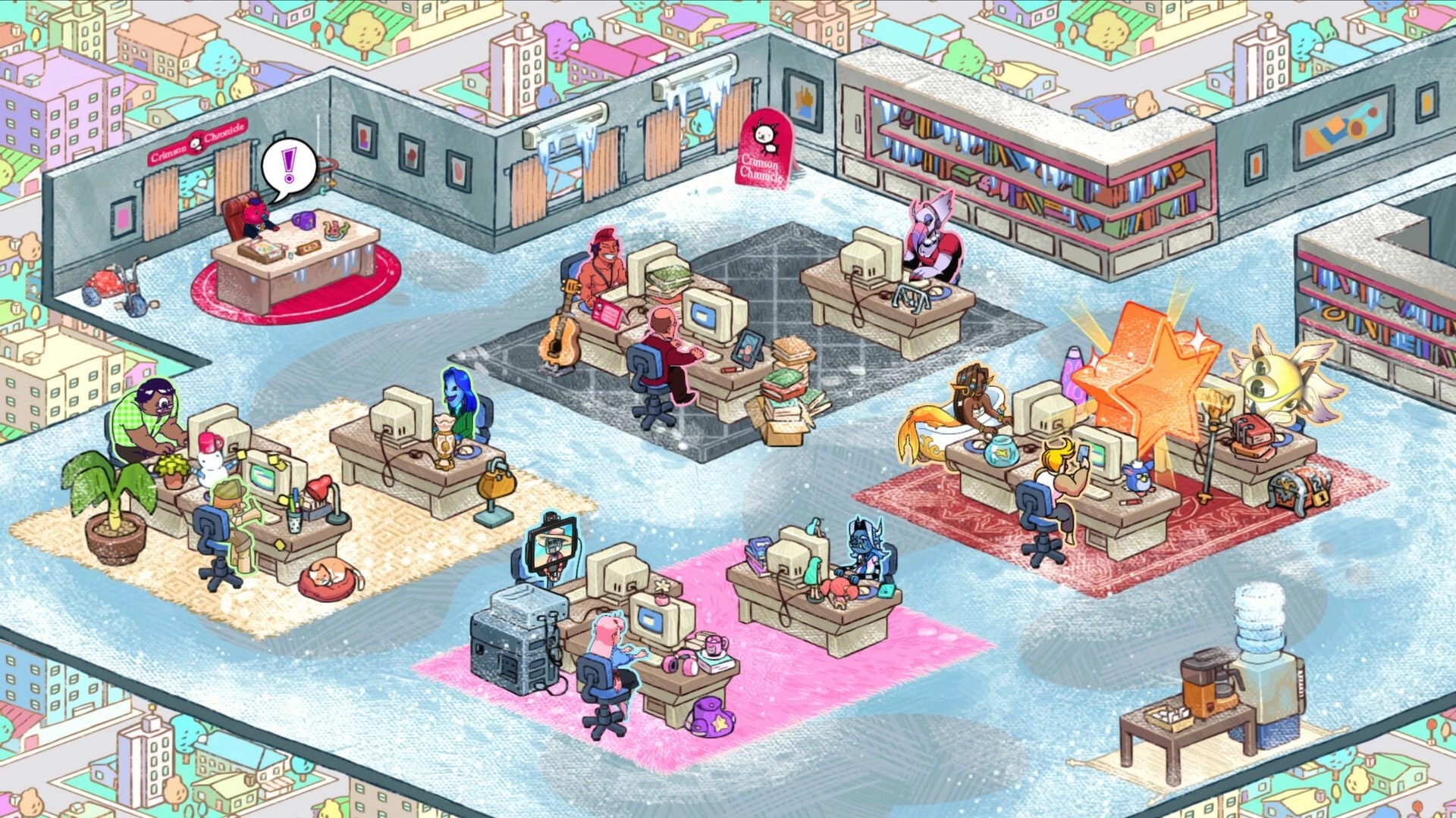 A Baby CEO?!: Colorful office with various employees at desks, bookshelves, and an exclamation mark alert.