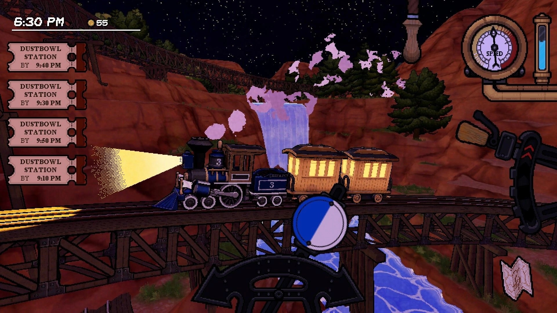 A Bumpy Ride: Train travels across a bridge at night with schedule and speedometer in canyon setting.