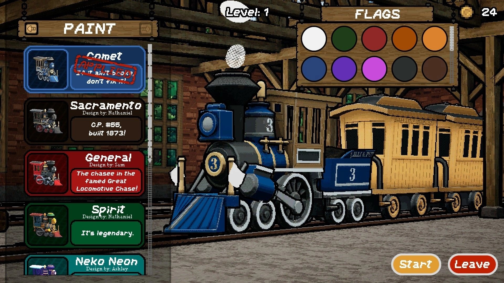 A Bumpy Ride: Train customization menu with paint options and level indicator in a wooden depot setting