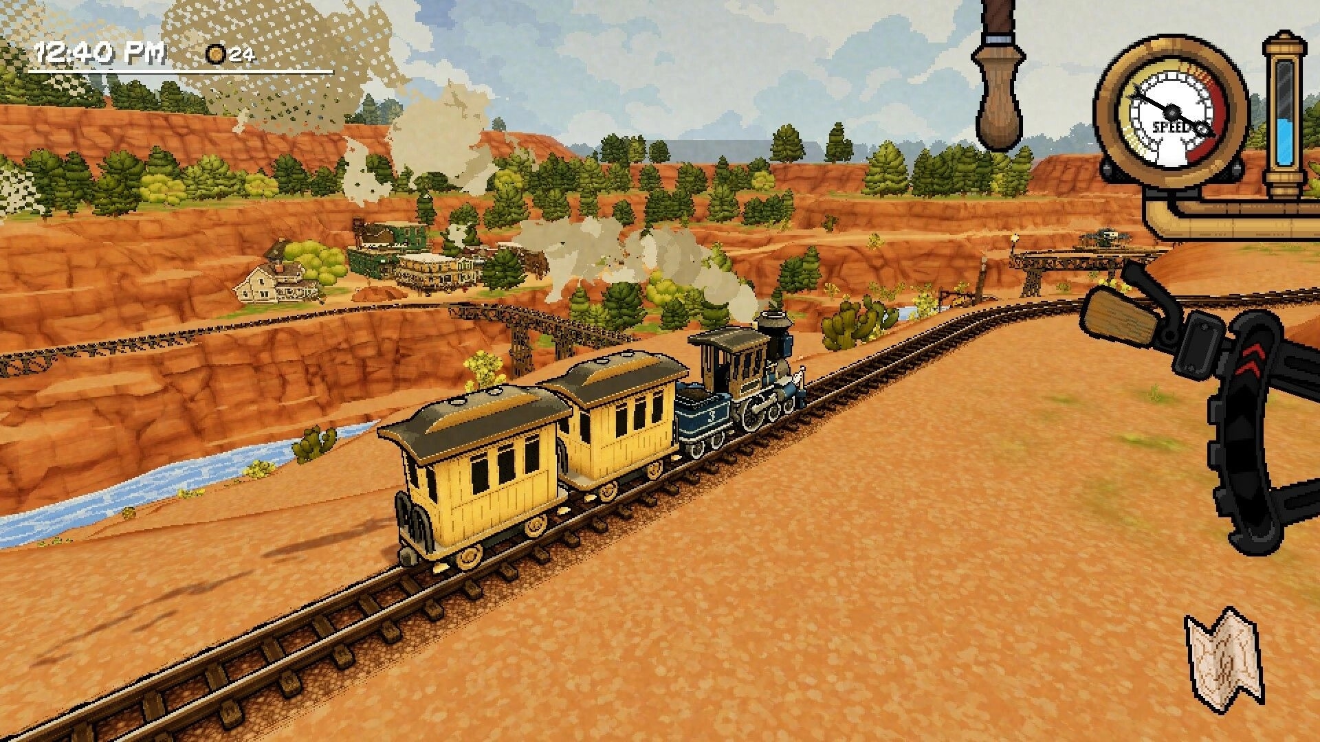 A Bumpy Ride: Train travels through a desert canyon with speed gauge and map UI elements visible