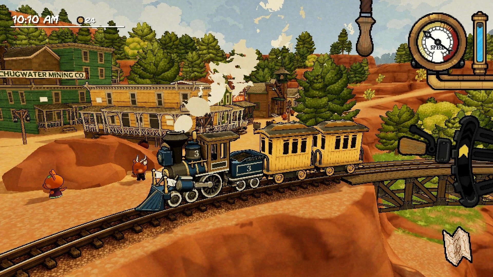 A Bumpy Ride: Steam train crossing bridge near Chugwater Mining Co, frontier town and trees in background