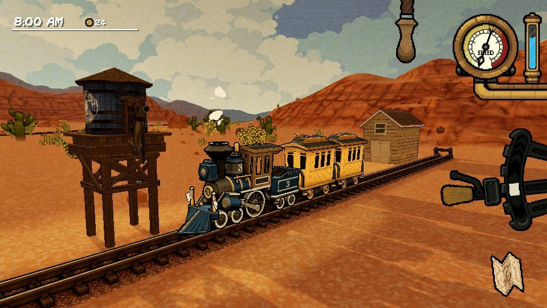 A Bumpy Ride: Steam train travels past water tower in desert with speed gauge and map displayed