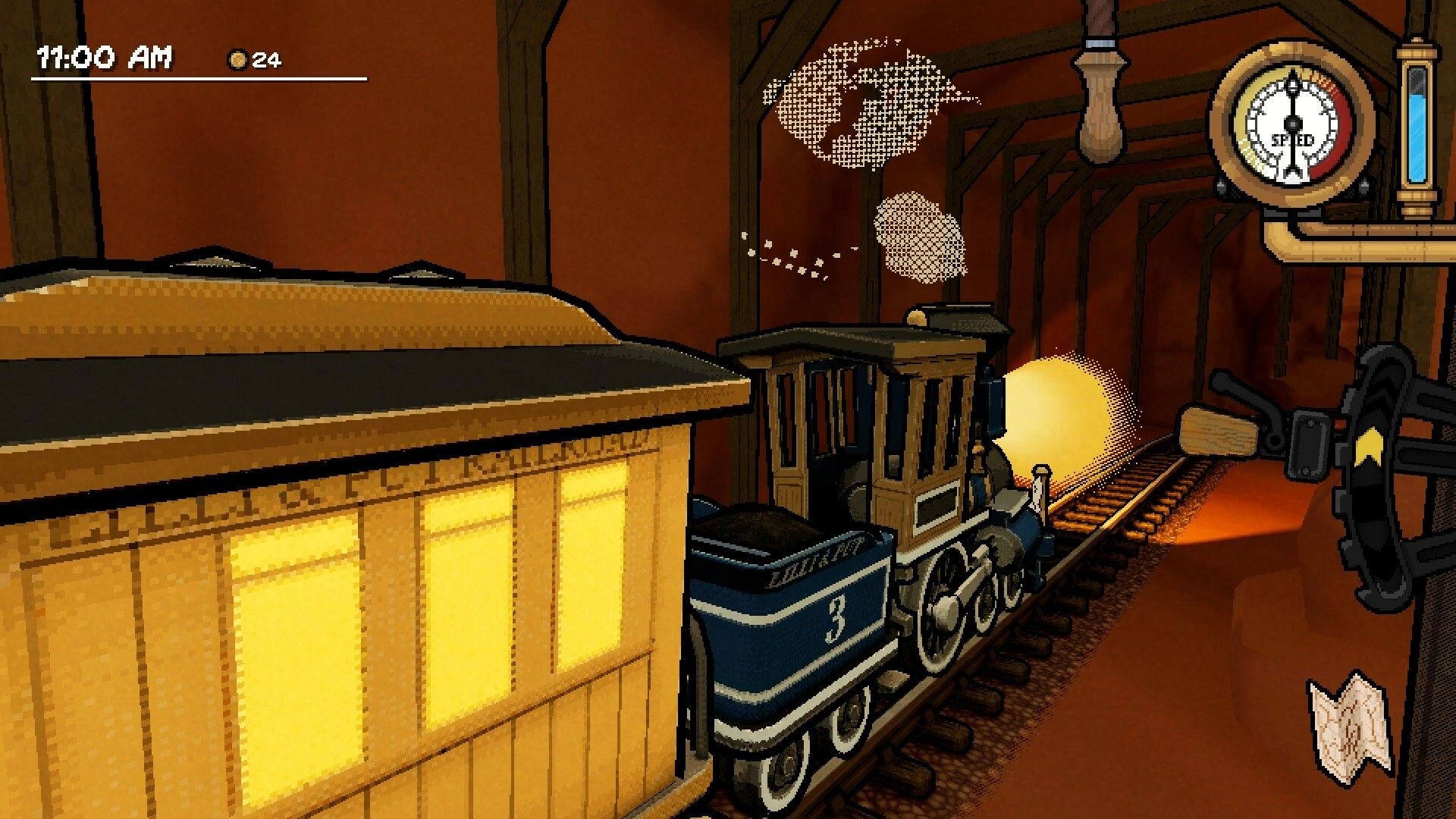 A Bumpy Ride: Train traveling through a dark tunnel with speedometer and map UI elements visible