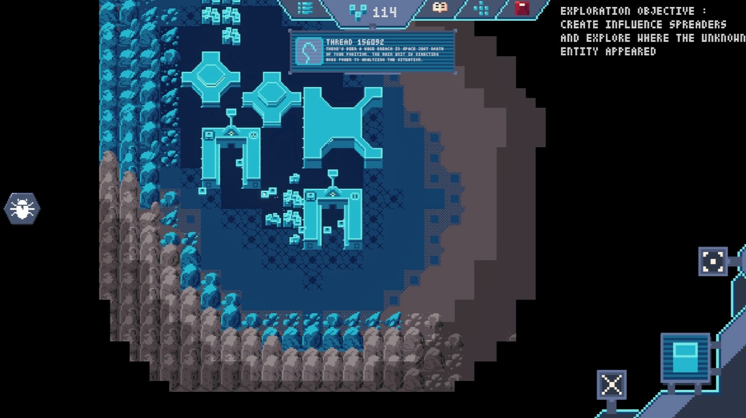 A Byte War: Constructing block-based structures in a cave environment with exploration objectives visible.