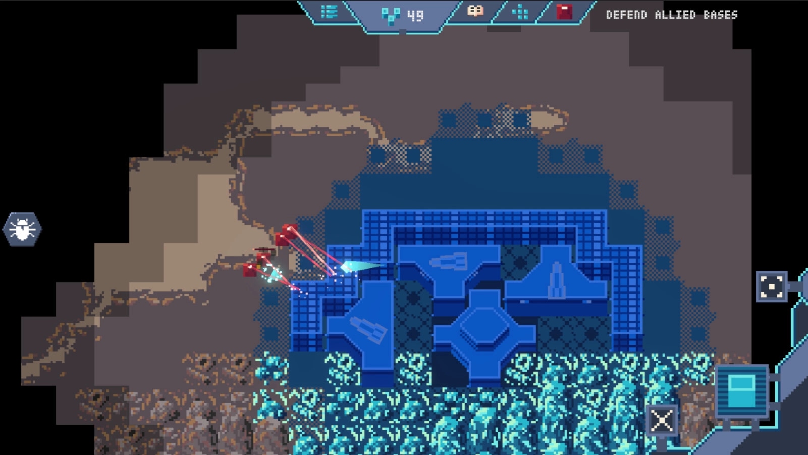 A Byte War: Blue base under attack by red machines with UI showing resources and objective in the cave.