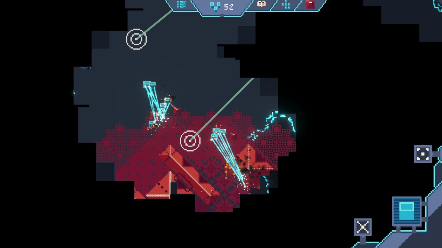 A Byte War: Two machines constructing structures with laser beams on a dark red grid landscape
