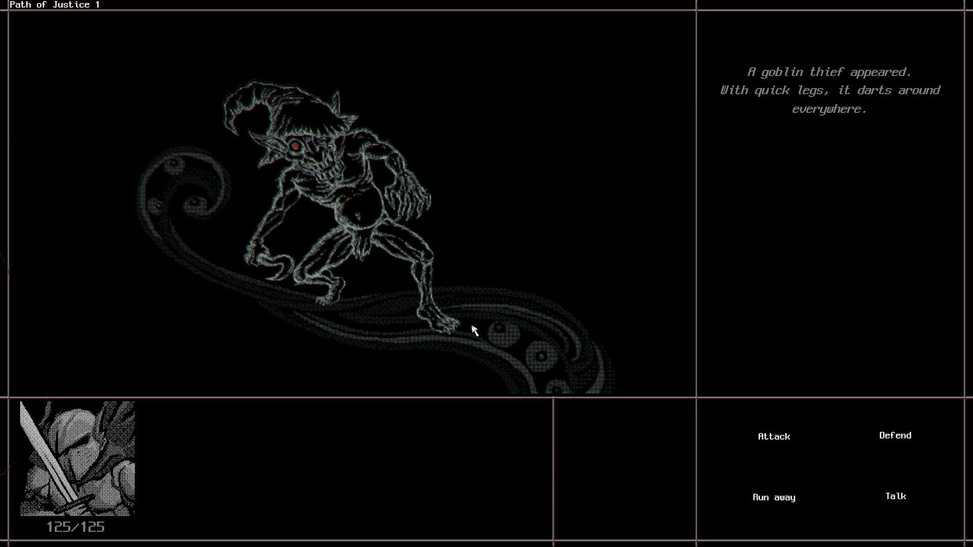 a Dogs Dream: Battle screen with goblin thief art, text prompt, and Attack/Defend/Talk options.