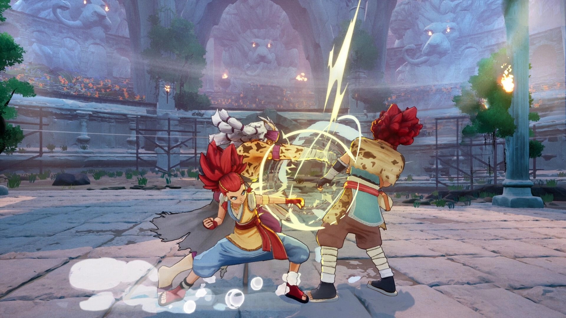 A Fighter’s Nova: Red-haired fighter lands a glowing punch in a stone arena with lion statues and crowds.
