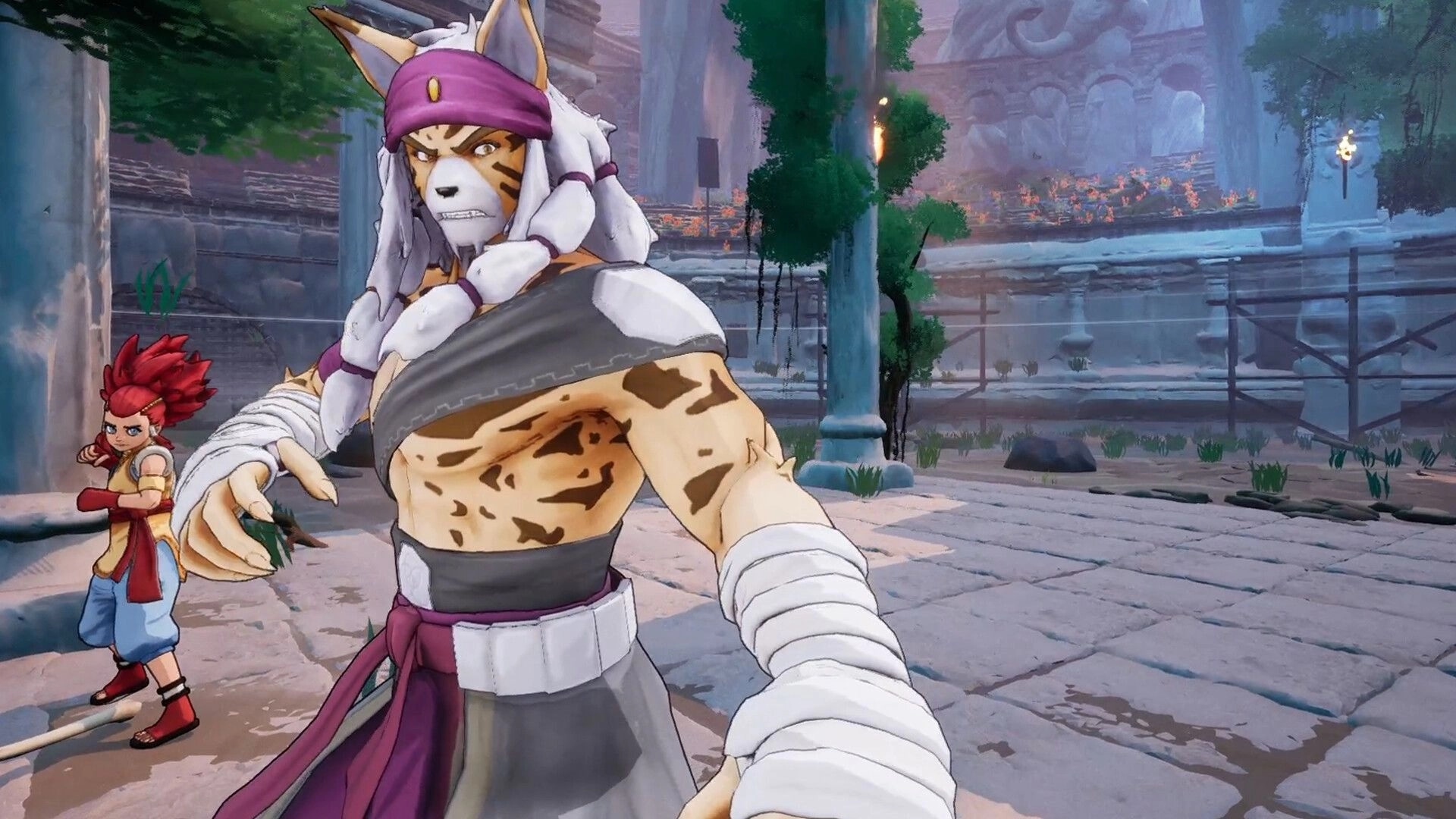 A Fighter’s Nova: Tiger-like fighter and red-haired ally pose in a ruined stone courtyard arena.