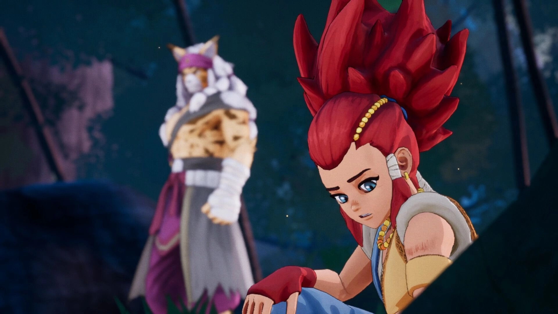 A Fighter’s Nova: Red-haired fighter crouches in foreground as hooded ally stands in a misty forest scene.