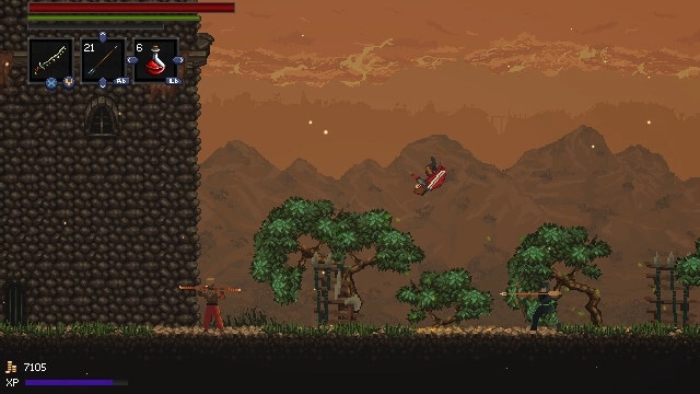 A Handful of Dust: Hero midair between archers on grassy ruins with inventory and health bars HUD.