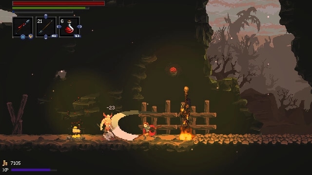 A Handful of Dust: Warrior slashes a hooded foe by a campfire in a ruined cave, HUD visible.