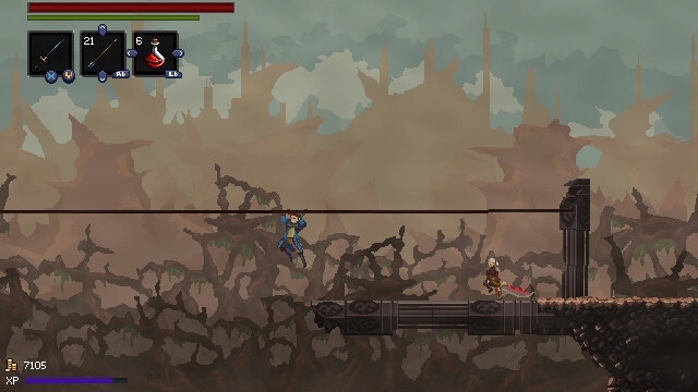 A Handful of Dust: Hero mid-jump over a crumbling bridge in foggy ruins, weapon and potion UI visible.