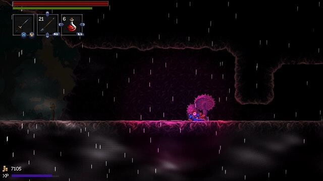 A Handful of Dust: Player stands by a purple portal in a rainy cavern, HUD and items visible.