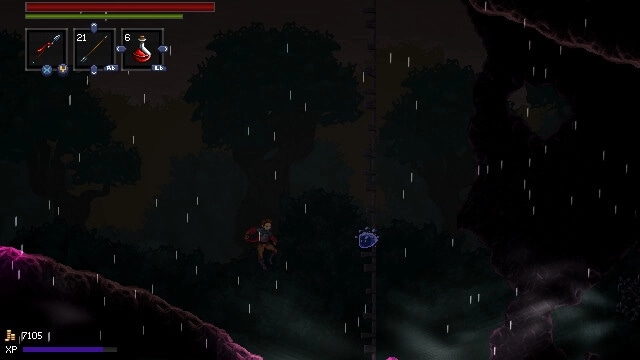 A Handful of Dust: Adventurer mid-jump in rainy cave, HUD with health bars and item slots visible.