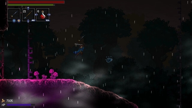 A Handful of Dust: Sword-wielding hero leaps in rain over glowing purple ledge in dark forest ruins.