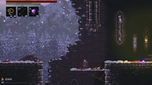 A Handful of Dust: Hero stands on ruined stone ledge by broken wall, snowy forest backdrop, HUD visible.