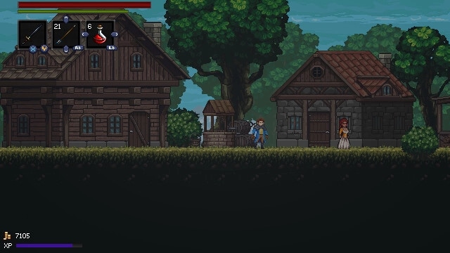 A Handful of Dust: Adventurer stands by village houses and well, HUD with weapons and potions visible.