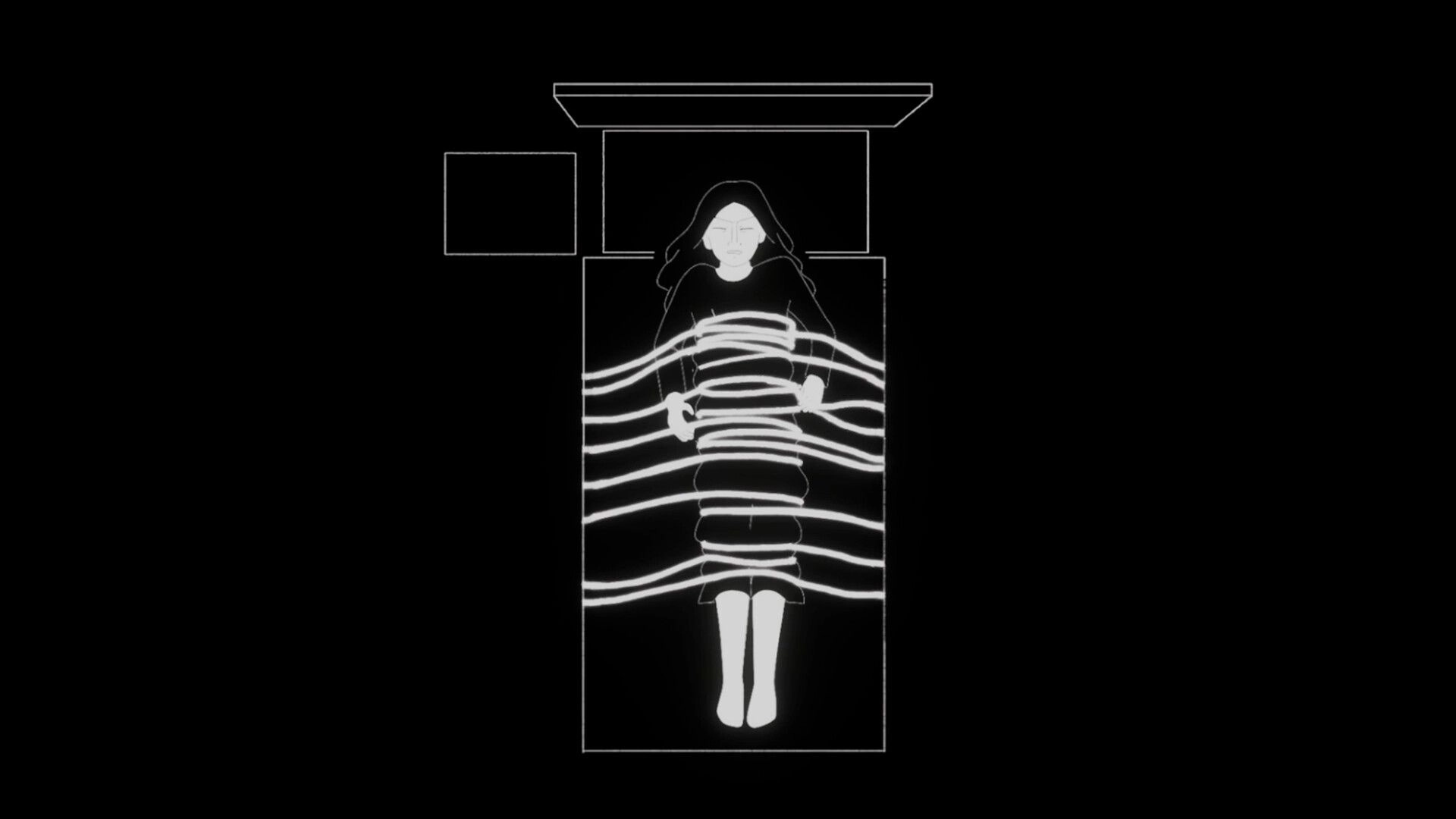 A Heavy Morning: Young girl lying in bed wrapped in glowing lines, dark minimalist bedroom setting
