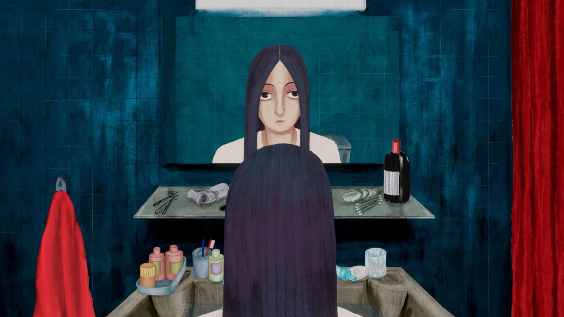 A Heavy Morning: Young girl stares at reflection in bathroom mirror, surrounded by toiletries and red towel