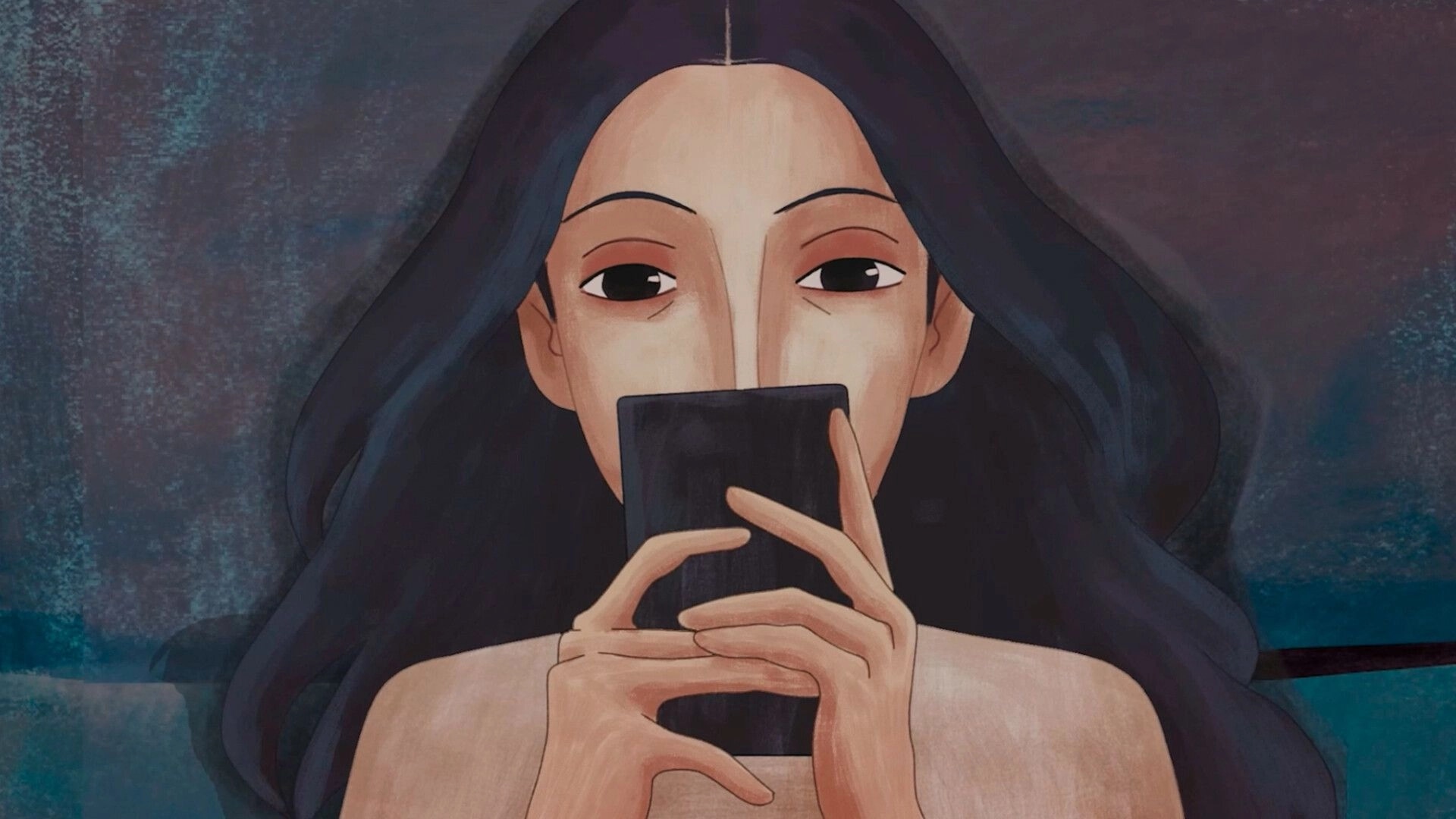 A Heavy Morning: Young girl with long hair holds a phone in bed, her eyes tired in a dimly lit room.