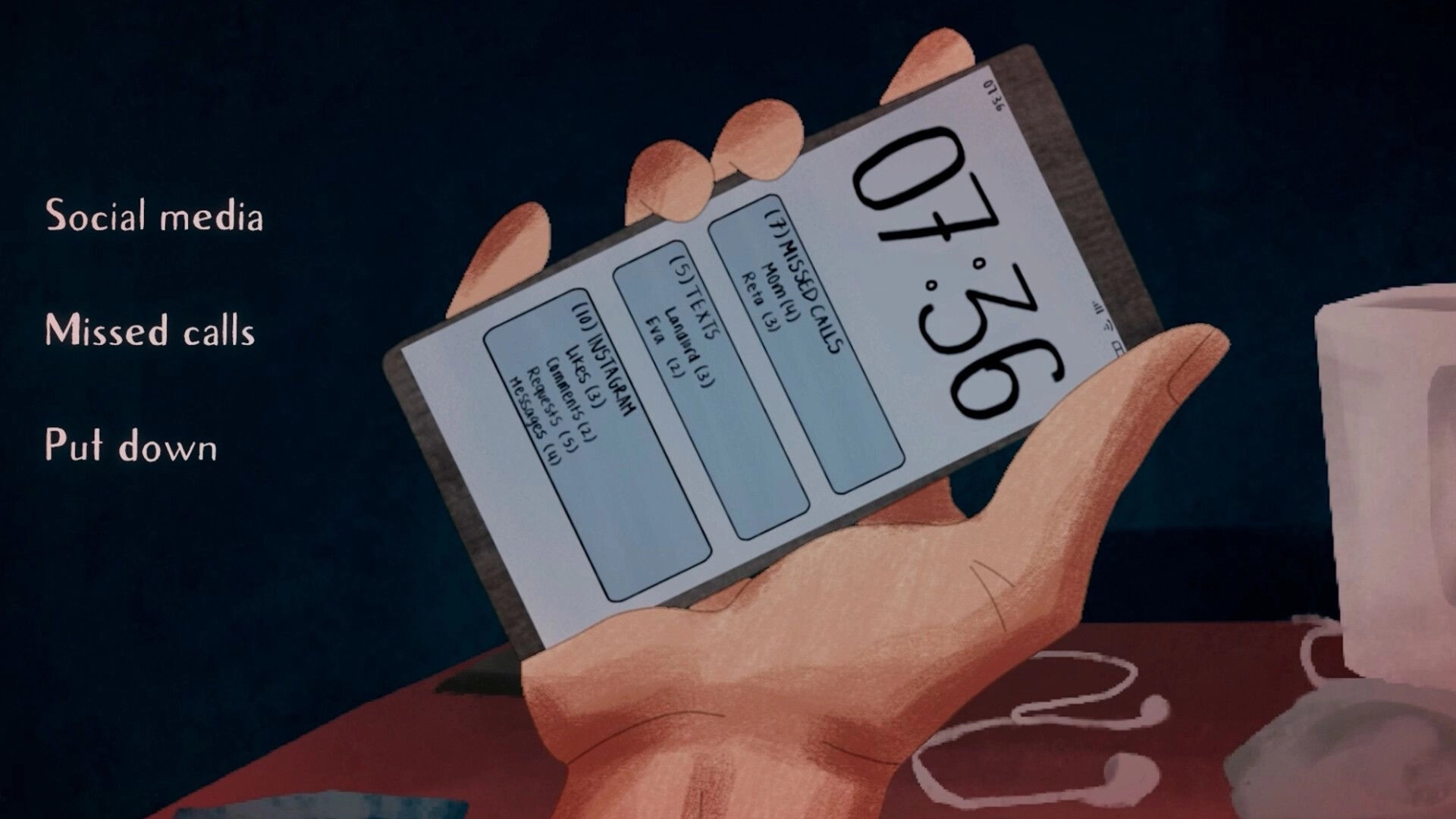 A Heavy Morning: Hand holding phone with messages, missed calls, and social media options, bedside setting