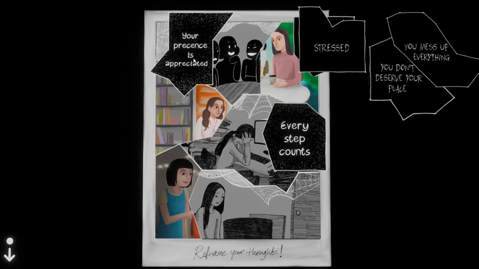 A Heavy Morning: Illustrated panels show characters with supportive and self-doubt messages in collage form.
