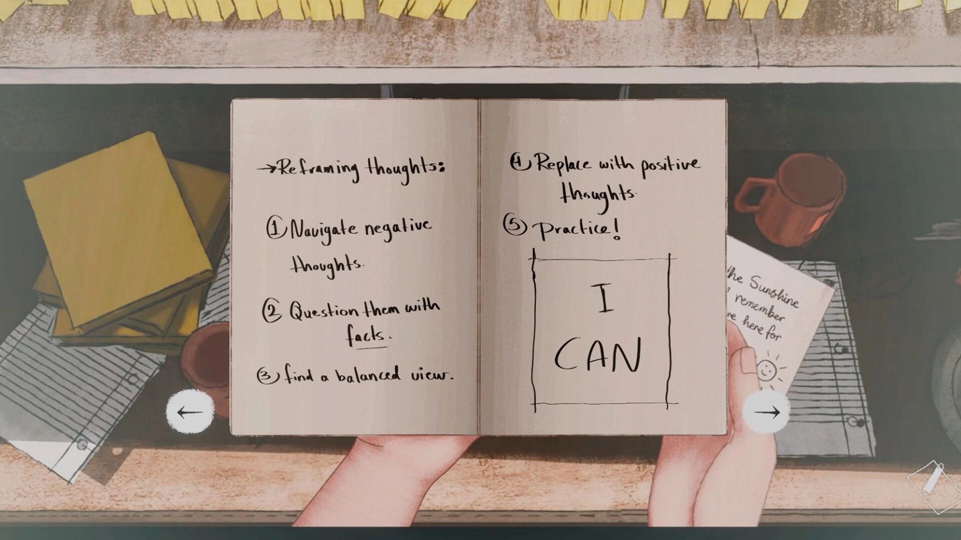 A Heavy Morning: Open journal with reframing thoughts steps on desk, alongside a mug and sticky notes.