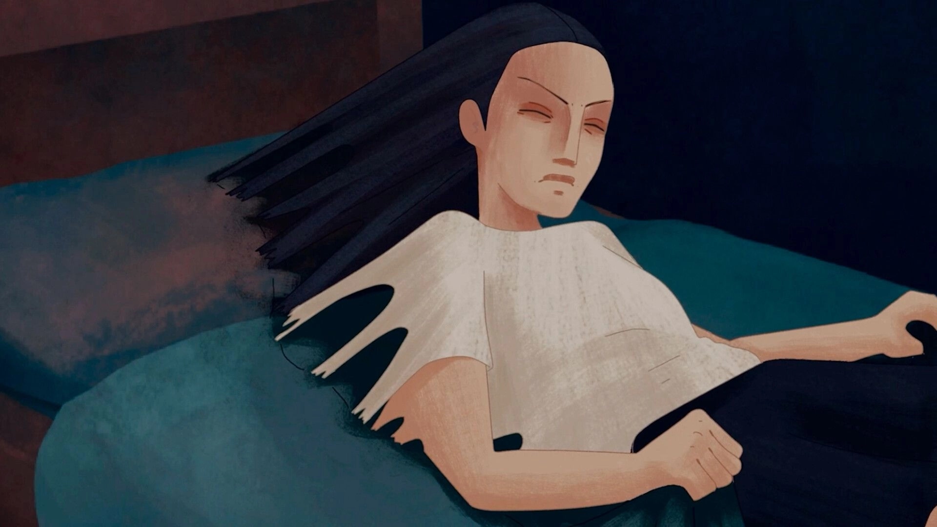 A Heavy Morning: Young girl lying in bed, struggling to get up in a dimly lit bedroom environment.