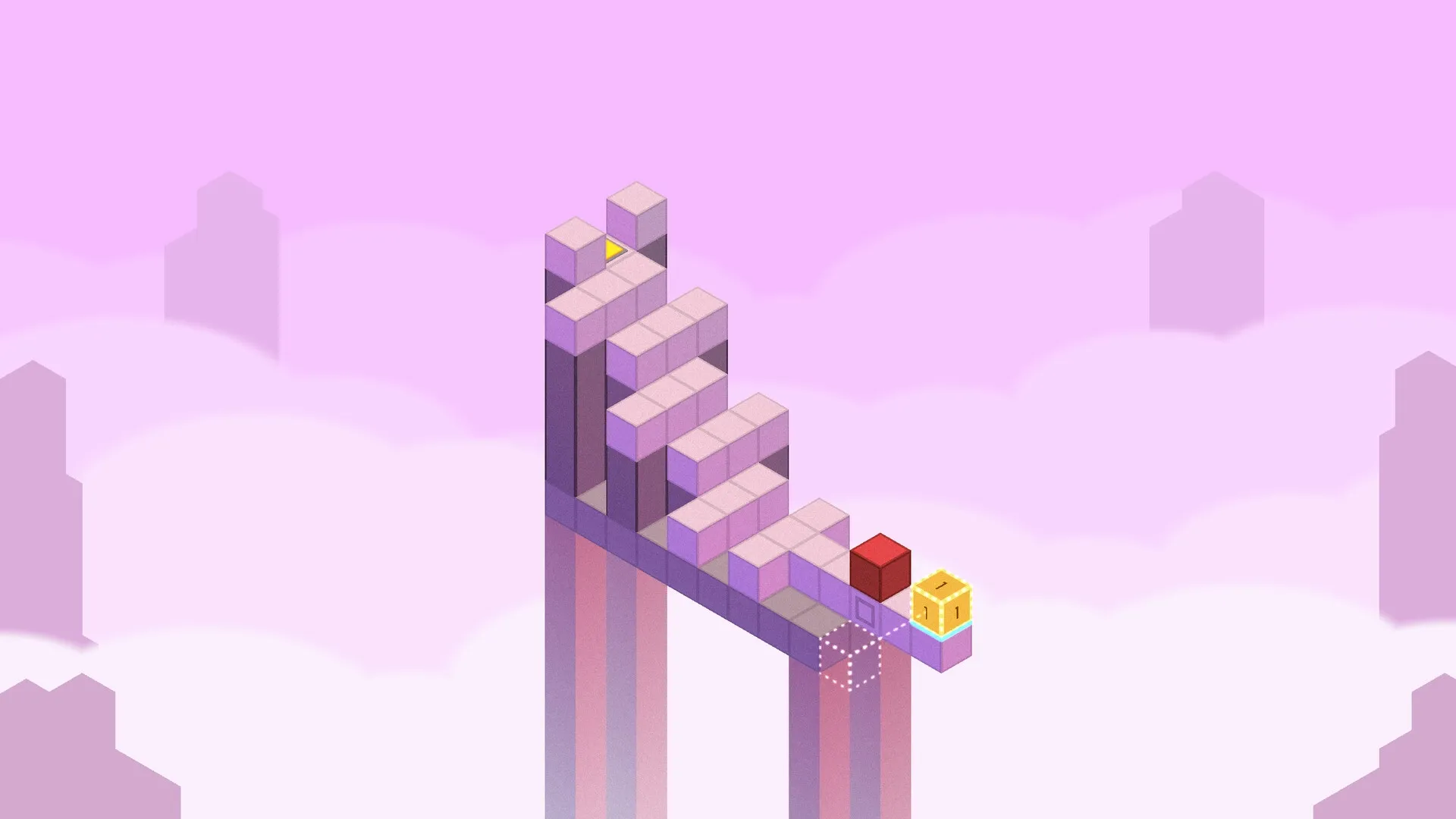 A Little Perspective: Cubes arranged in a staircase pattern floating in pink clouds with a red block