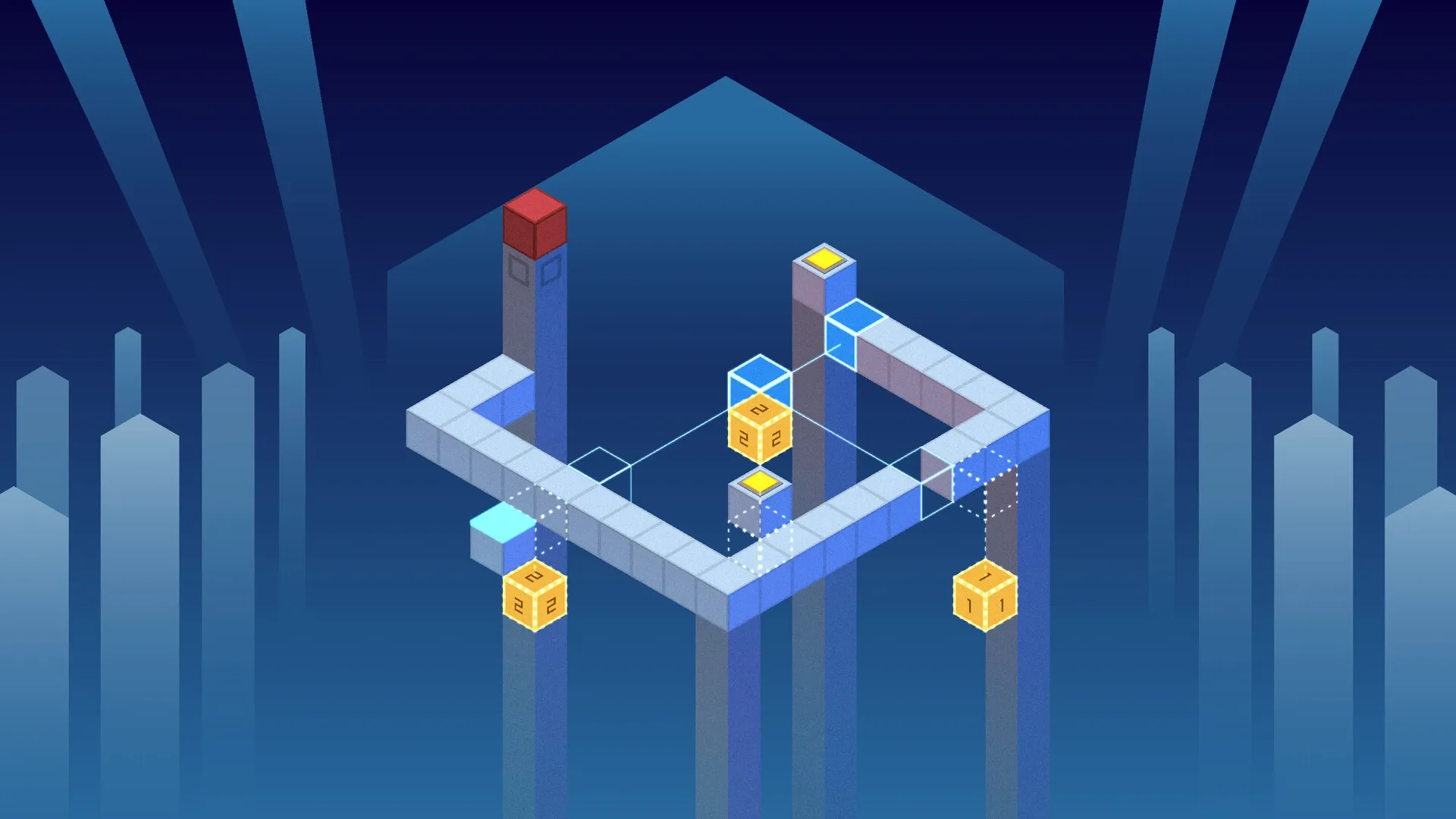 A Little Perspective: Cubes shifting on a floating geometric pathway in an abstract, layered environment.