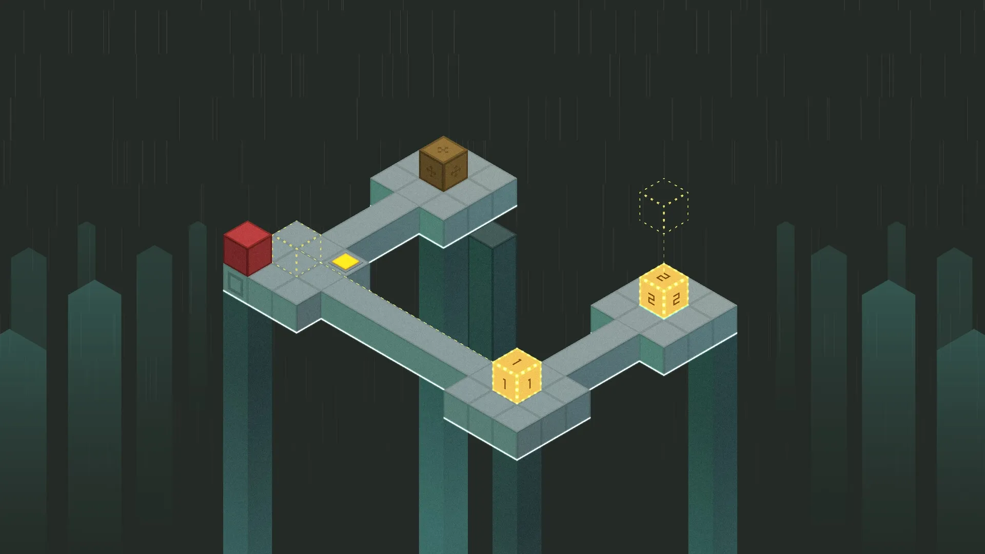 A Little Perspective: Floating platforms with numbered cubes and a red block in a dark, abstract space