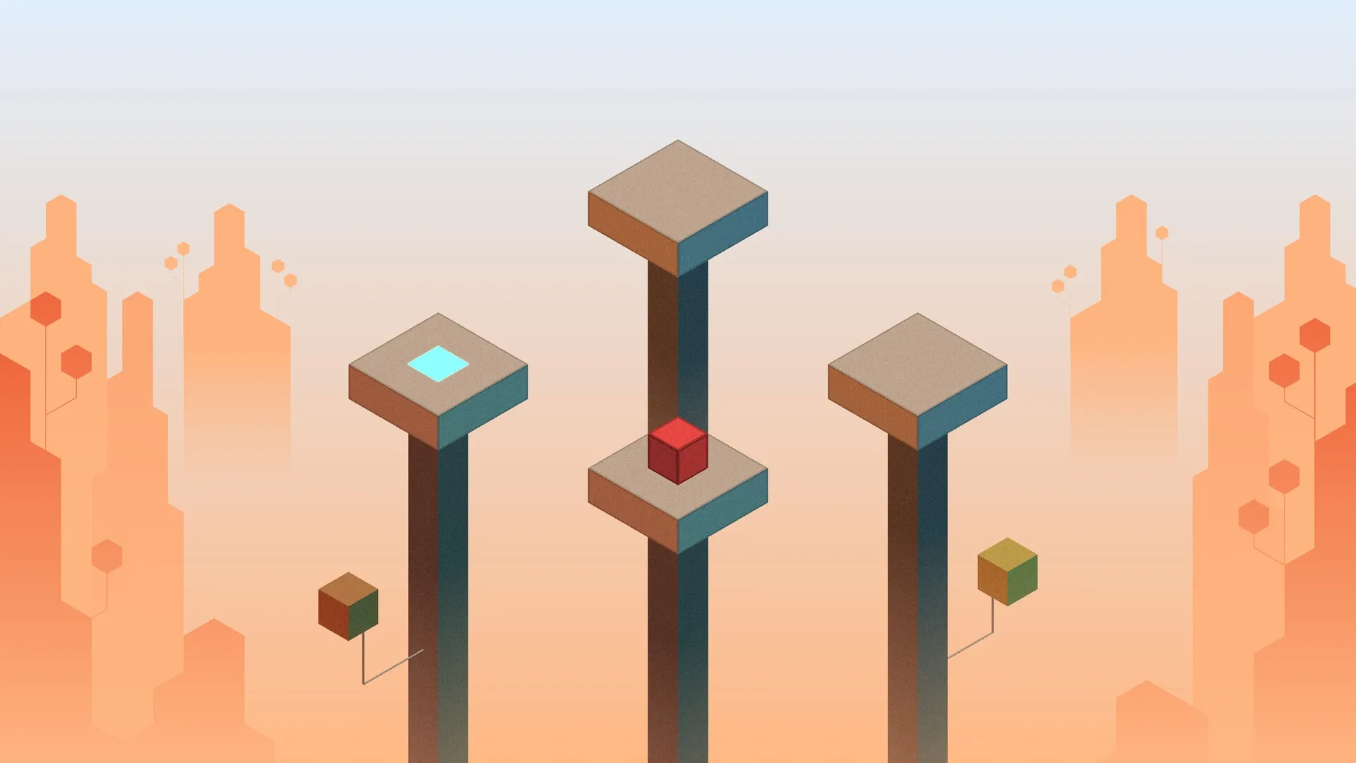 A Little Perspective: Abstract puzzle towers with red cube and glowing platforms in an orange cityscape.