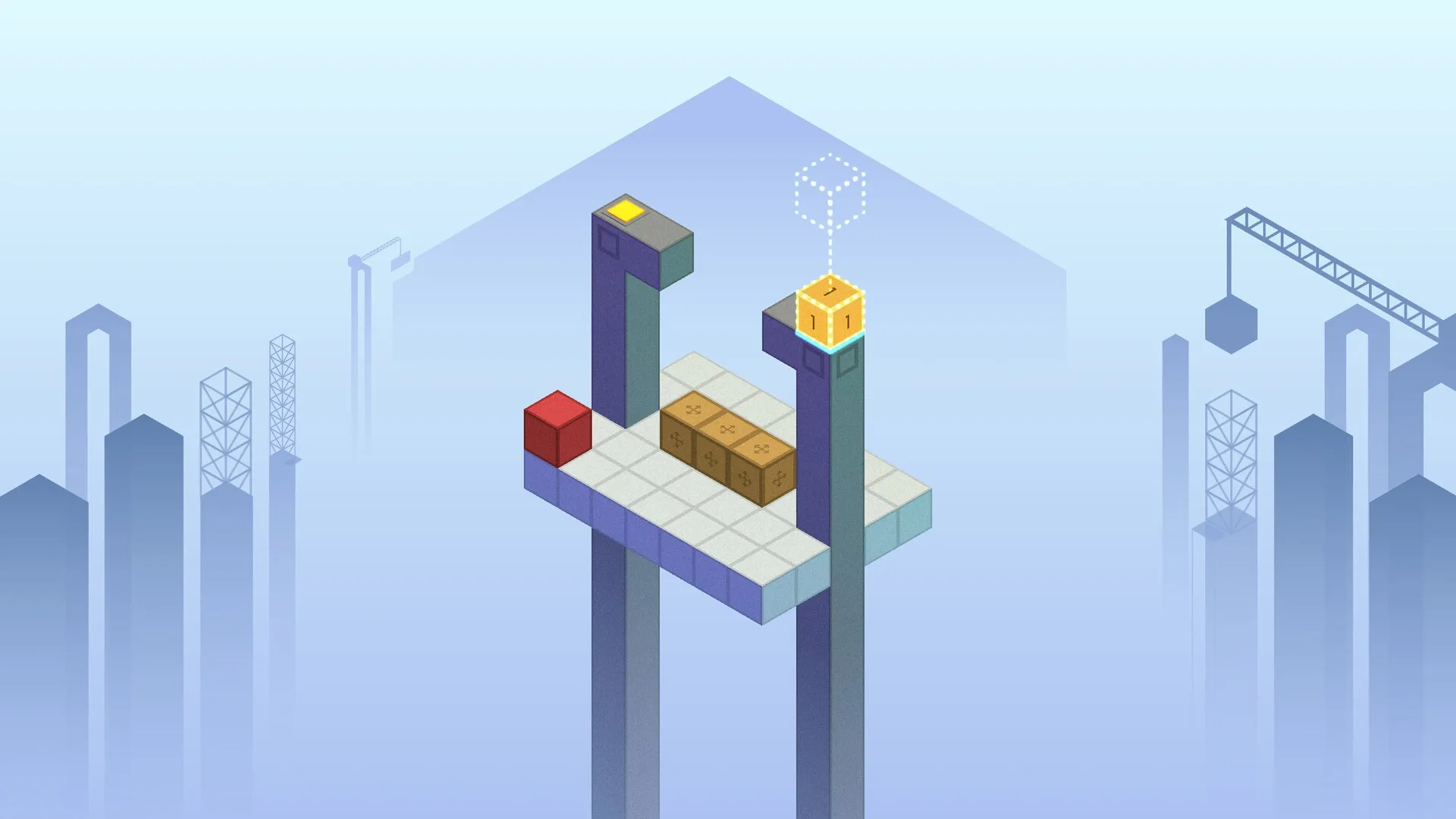 A Little Perspective: Isometric platform with colored blocks and a puzzle cube in a minimalistic skyline