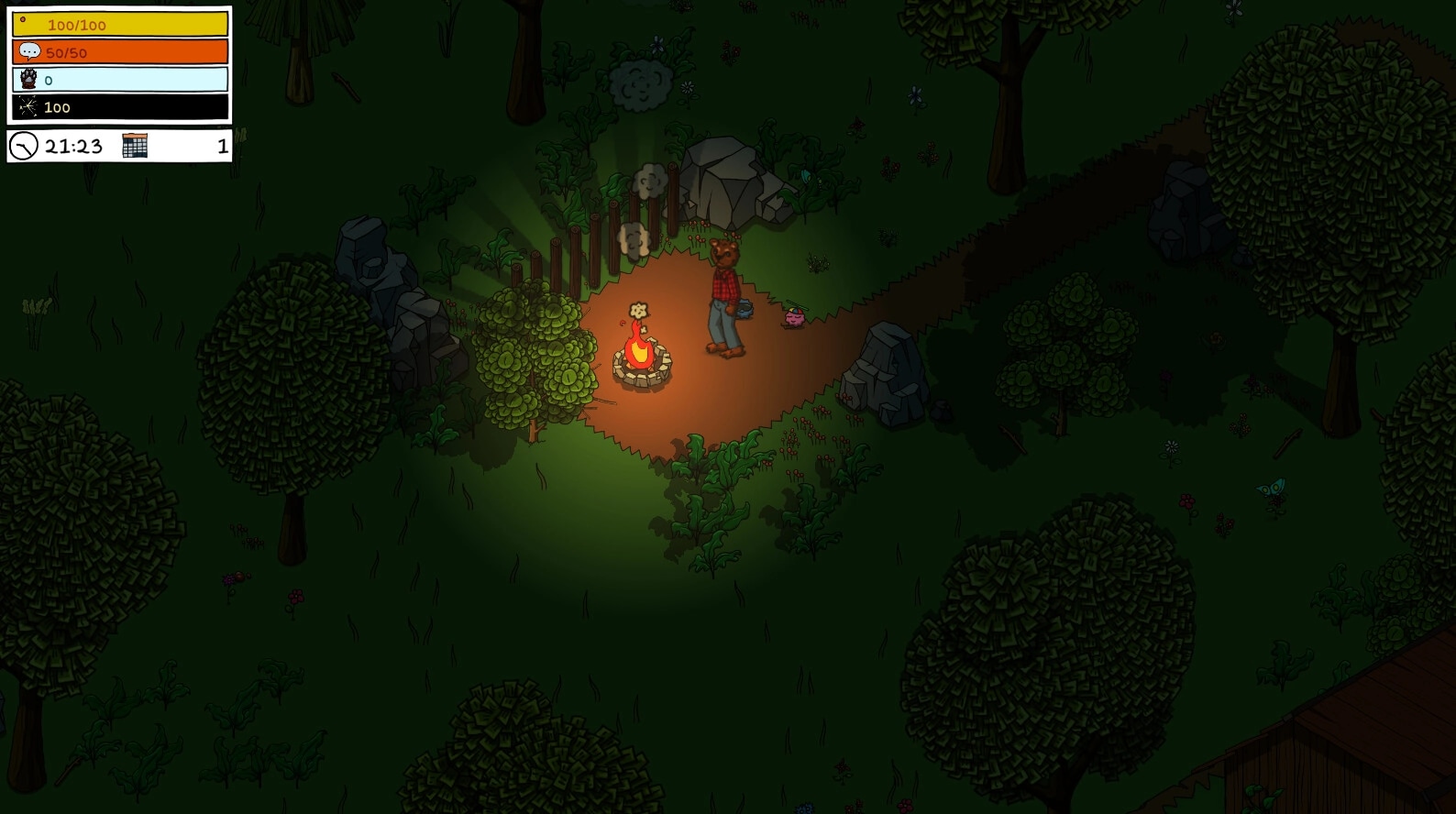 A look into...: Character stands by a campfire in a forest with health and time UI displayed