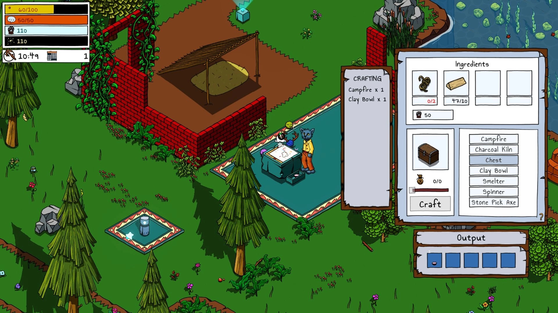 A look into...: Crafting menu open with ingredients list next to a character in a vibrant forest setting.